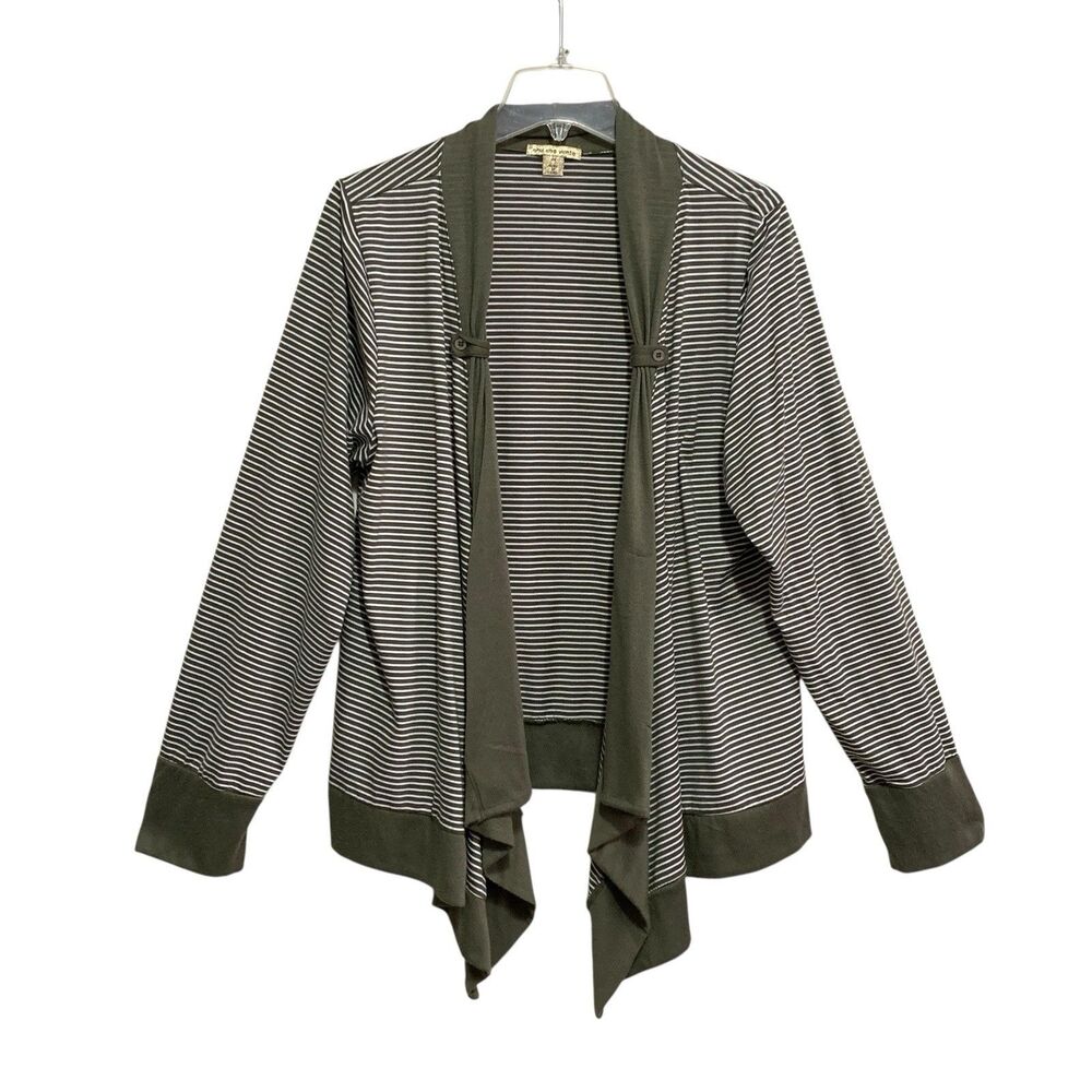 CHA CHA VENTE Cardigan Open Front Women's Size 2X Green Striped Long Sleeve Knit